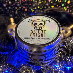 Silent Fright Luxury Crackling Wooden Wick Candle Tin: Spiced Pear & Whiskey